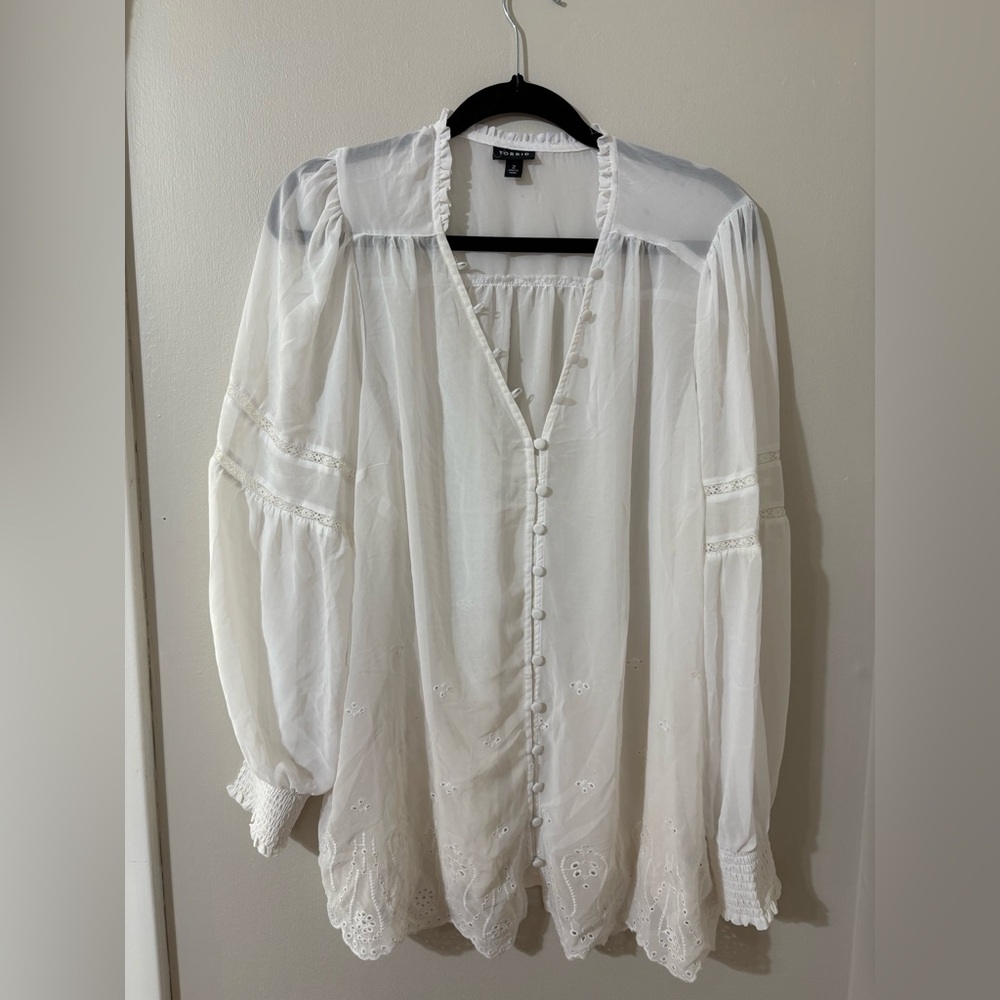torrid White Sheer Lace-Trim Peasant Blouse